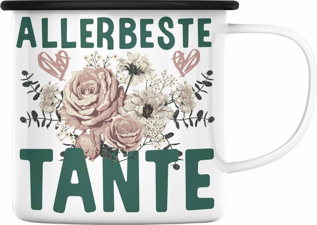 Trendation - Beste Tante der Welt Geschenk Emaille Tasse mit Spruch Emaille Emaille Tasse für Allerbeste Tante (Schwarz)