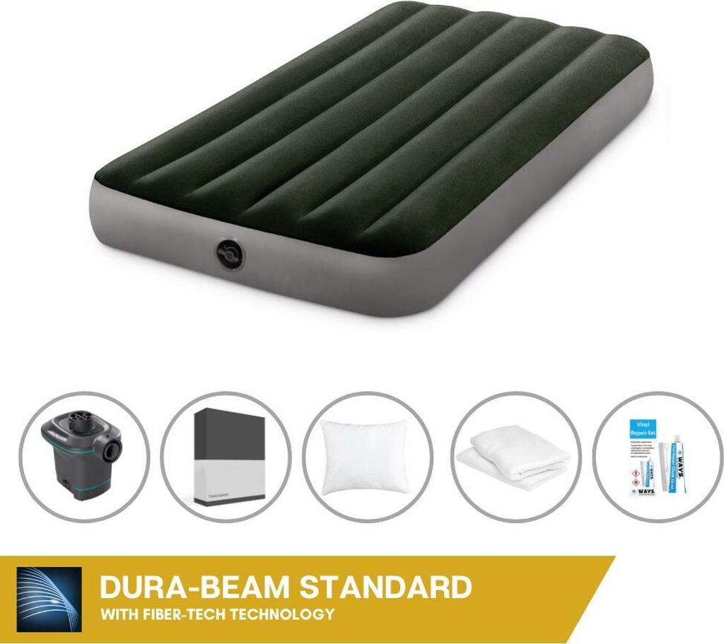 Intex Luftbett - 1 Person - 99 x 191 x 25 cm - Grün + Intex Elektropumpe - 650 Liter/Min + Spannbettlaken Schwarz + Kopfkissen + Molton 2 in 1 Kis...