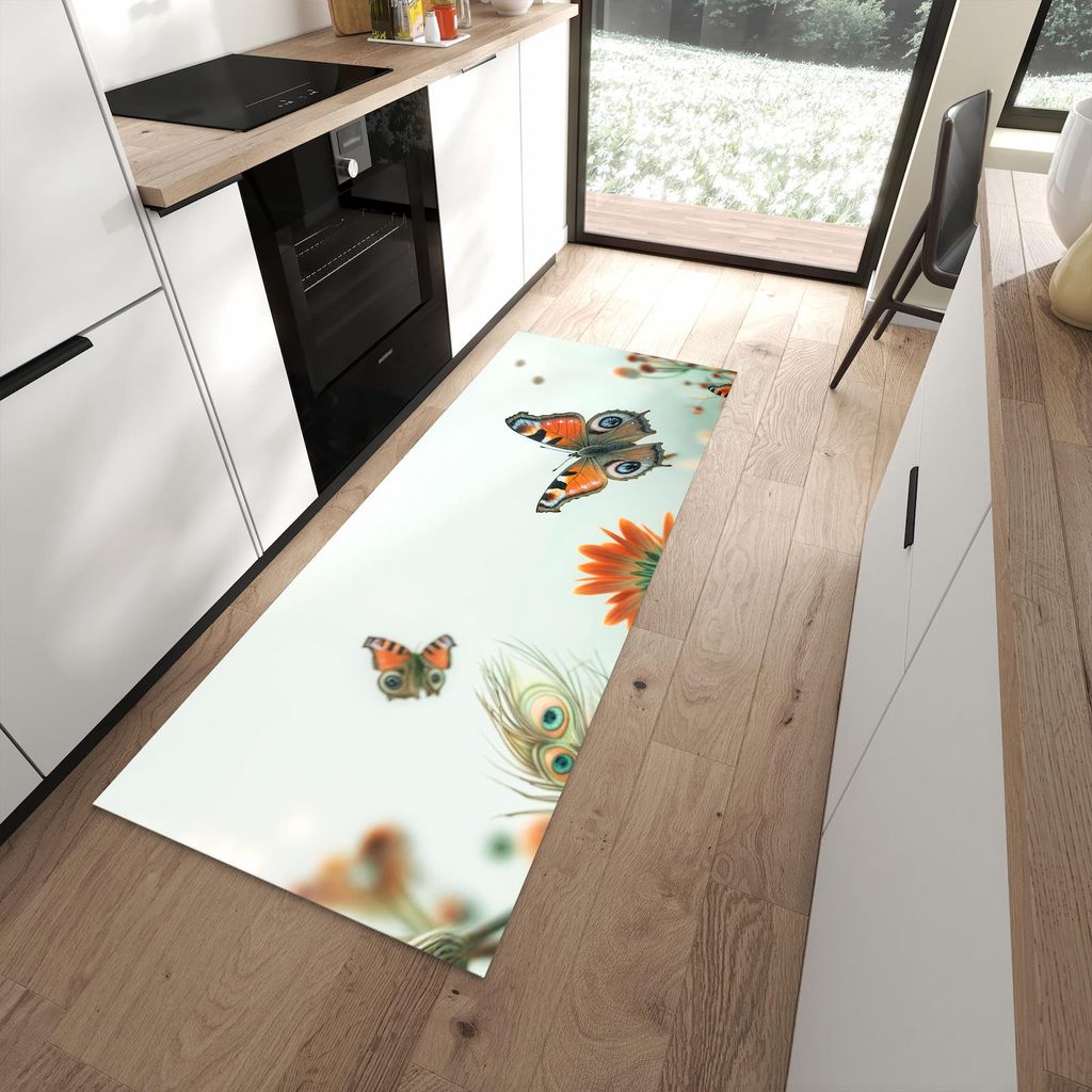 Küchenteppich 80x200cm rutschfest & abwischbar PVC Läufer - Schmetterling Wiese