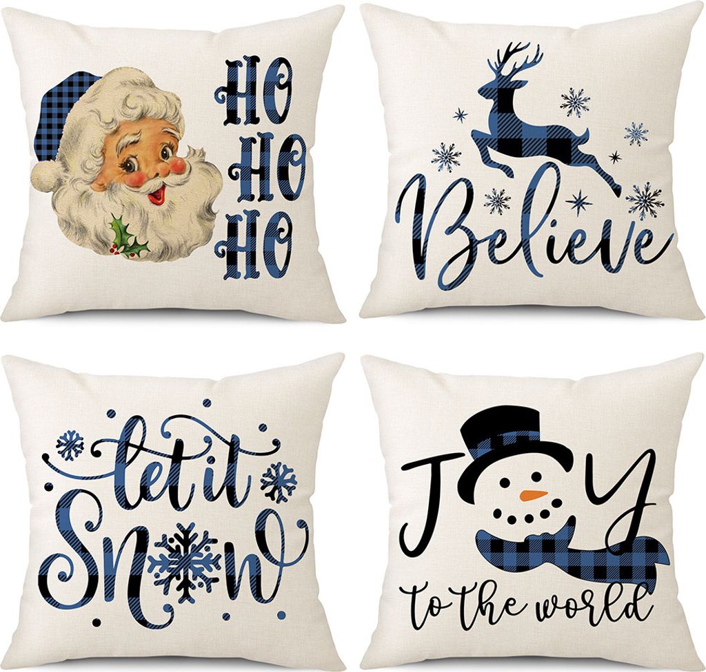 Weihnachts-Kissenbezug 45 x 45 cm, 4er-Set, Weihnachts-Deko-Kissenbezug, Deko-Kissenbezug, rustikales Sofa, Leinen-Kissenbezug, Sofa, Sofa-Sessel, ...