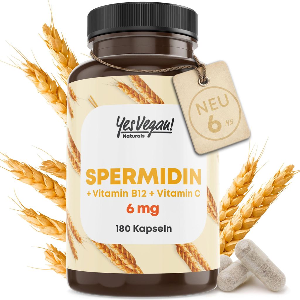 6 mg Spermidin hochdosiert pro Kapseln (180 Kapseln für 6 Monate) Spermidin Kapseln mit Vitamin C und B12