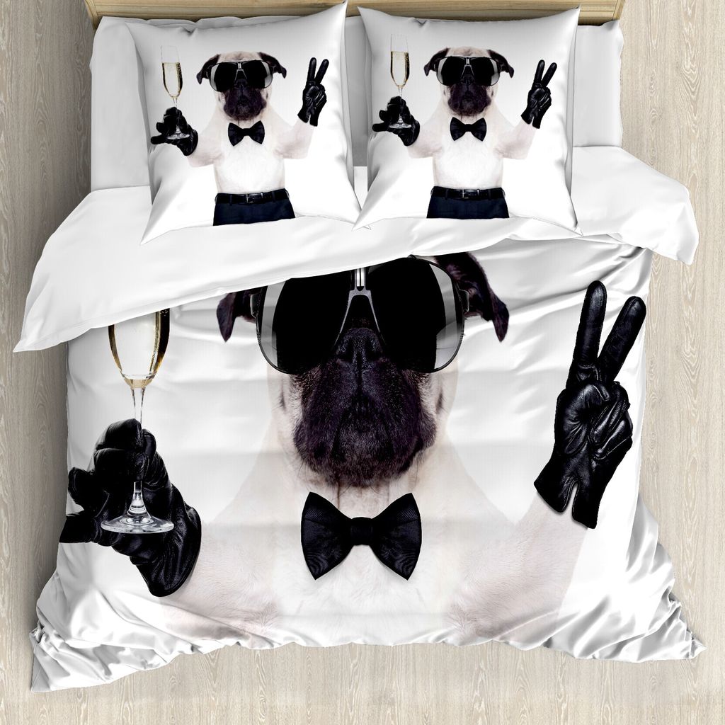 ABAKUHAUS Mops Bettbezug, Hund Feiern Alkohol, Milbensicher Allergiker geeignet mit Kissenbezügen, 200 cm x 200 cm - 80 x 80 cm, Schwarz-weiße Creme
