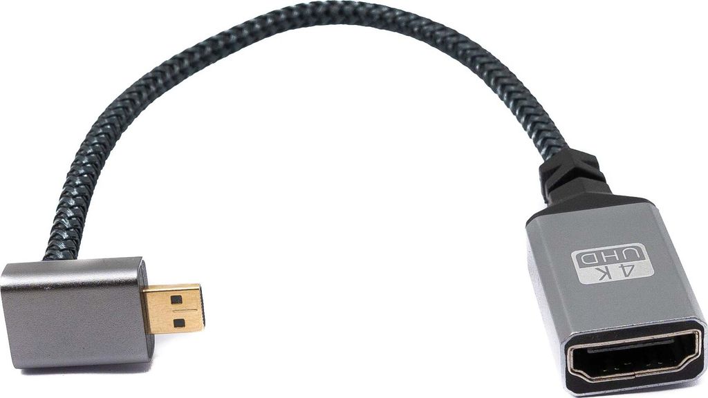 HDMI 1.4 Kabel 20 cm 4K UHD 60 Hz Micro Stecker zu Standard Buchse geflochten Winkel