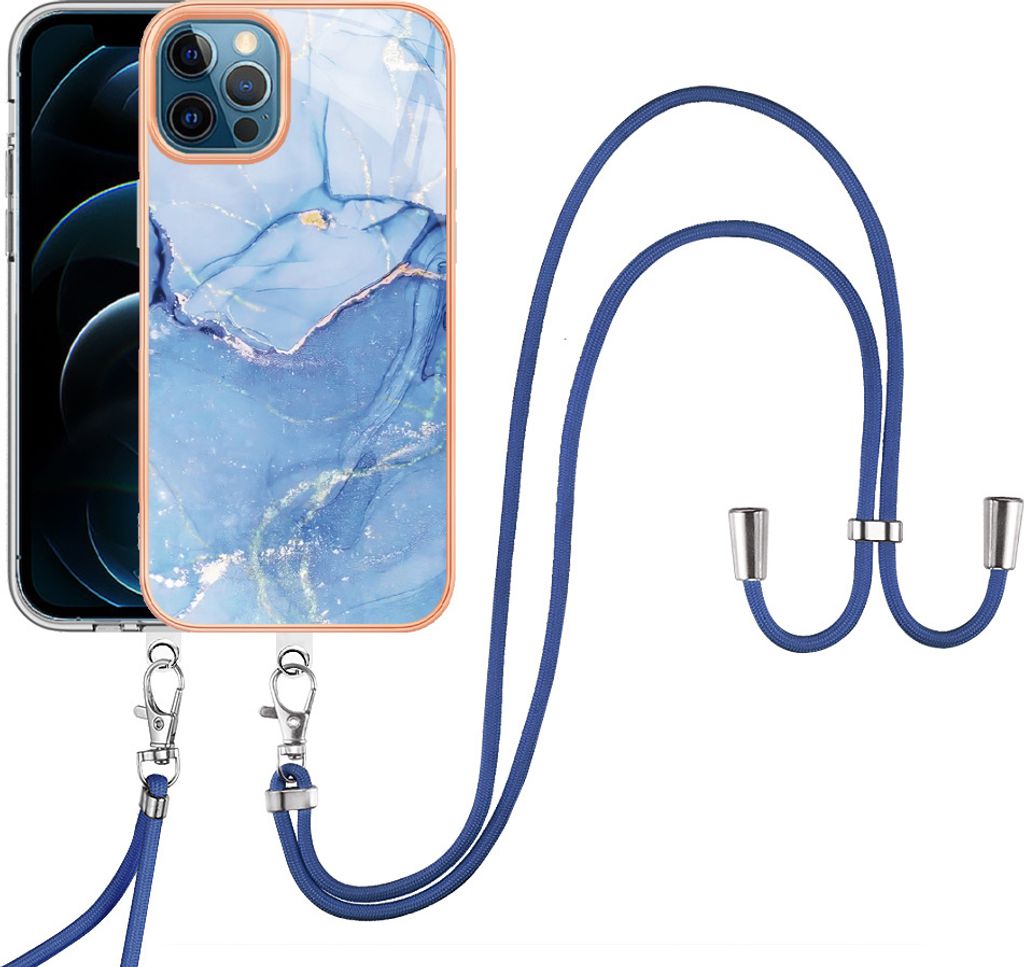 iPhone 12 Pro Max Handykette Hülle, Muster TPU Bumper Schutzhülle mit verstellbarem Tragegurt für iPhone 12 Pro Max Blau