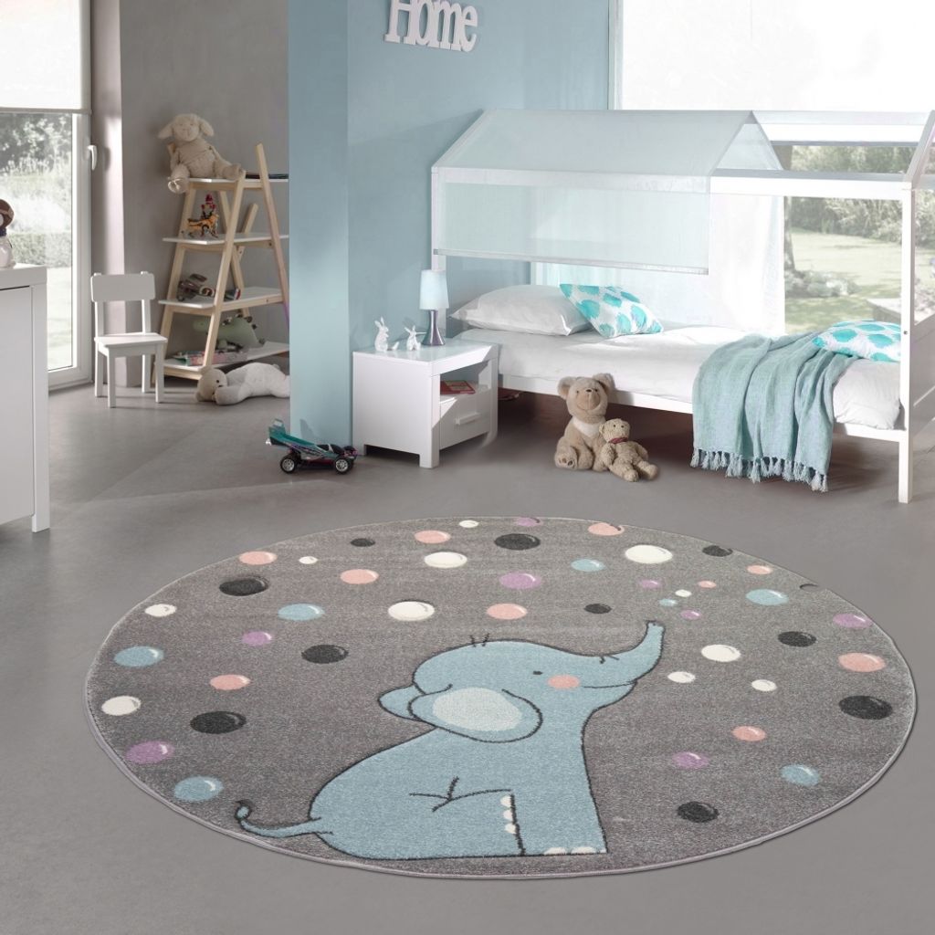 Kinderteppich Elefant Kinderzimmerteppich mit Punkten in grau blau Größe - 120 cm Rund