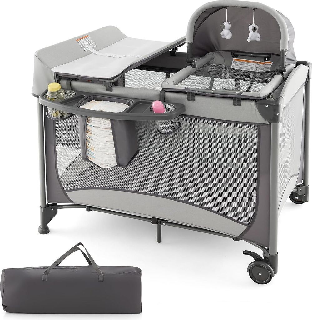 5 in 1 Reisebett Klappbar, 110 x 78 cm Beistellbett mit Matratze & Wiege & Wickelauflage, Babybett Komplett Set für Neugeborene & Baby bis 36 Mona...