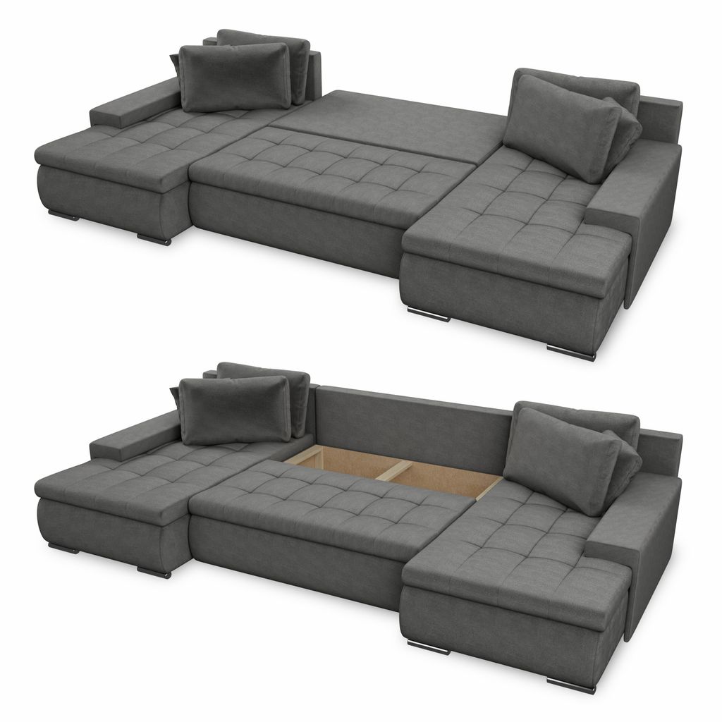 Wohnlandschaft mit Schlaffunktion Faris U Form   Couch, Schlafsofa mit  Bettkasten, Couchgranitur mit Bettfunktion, Big Sofa, Bettsofa Dunkelgrau  ...