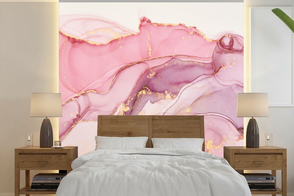 MuchoWow Fototapete für Wohnzimmer oder Schlafzimmer Wandtapete Vinyl Motivtapete Gold - Marmor - Rosa - 280x280 cm - Hintergrundbild