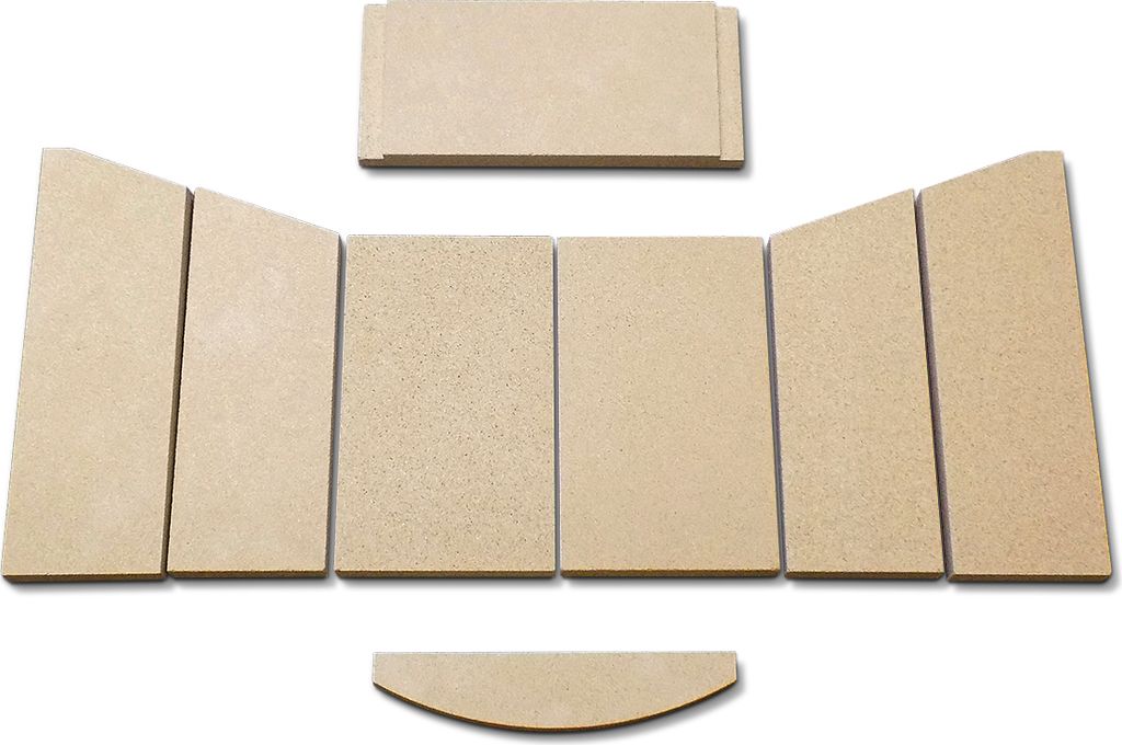 A set of beige firebricks arranged in a fan shape on a white background.