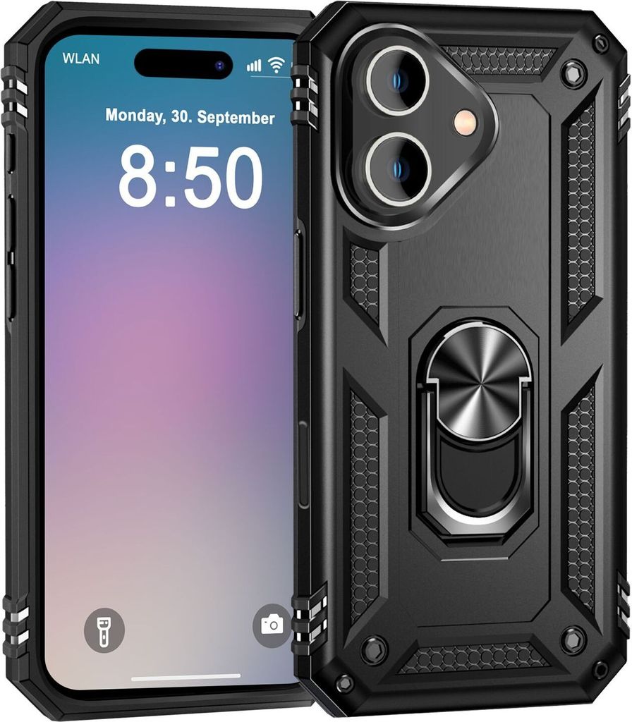 NALIA Panzerhülle für iPhone 16 – Ring-Ständer 360° & für Magnet-Halterung – RINGDEFEND (Stoßfestes Outdoor Case) – Marke aus Berlin ...