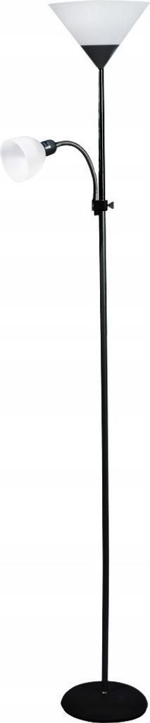 A black floor lamp with two lights against a white background.