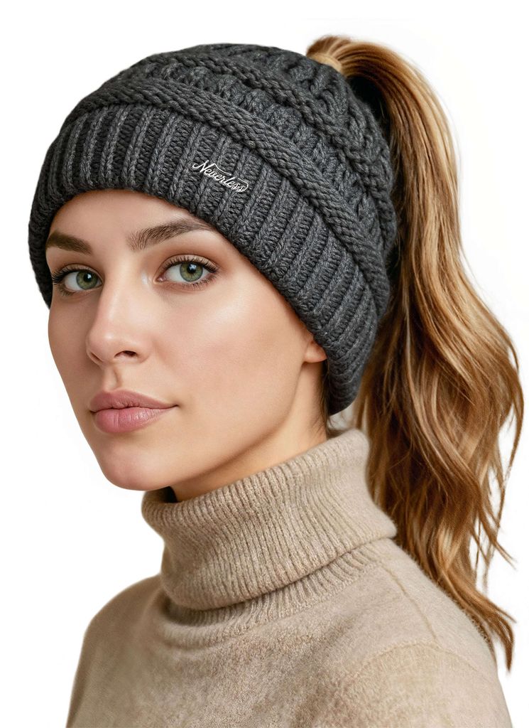 Damen Strickmütze Mütze Zopfloch Grobstrick Ungefüttert Wintermütze Langhaar Frauen Neverless