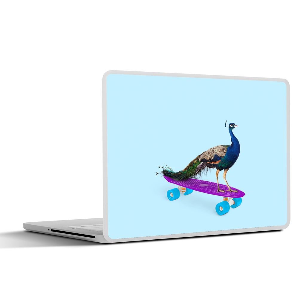 MuchoWow Laptop Aufkleber Sticker Cover Pfau - Blau - Skateboard - Tiere - Lustig 32.5x23.5 cm - Sticker für Laptop - Selbstklebend