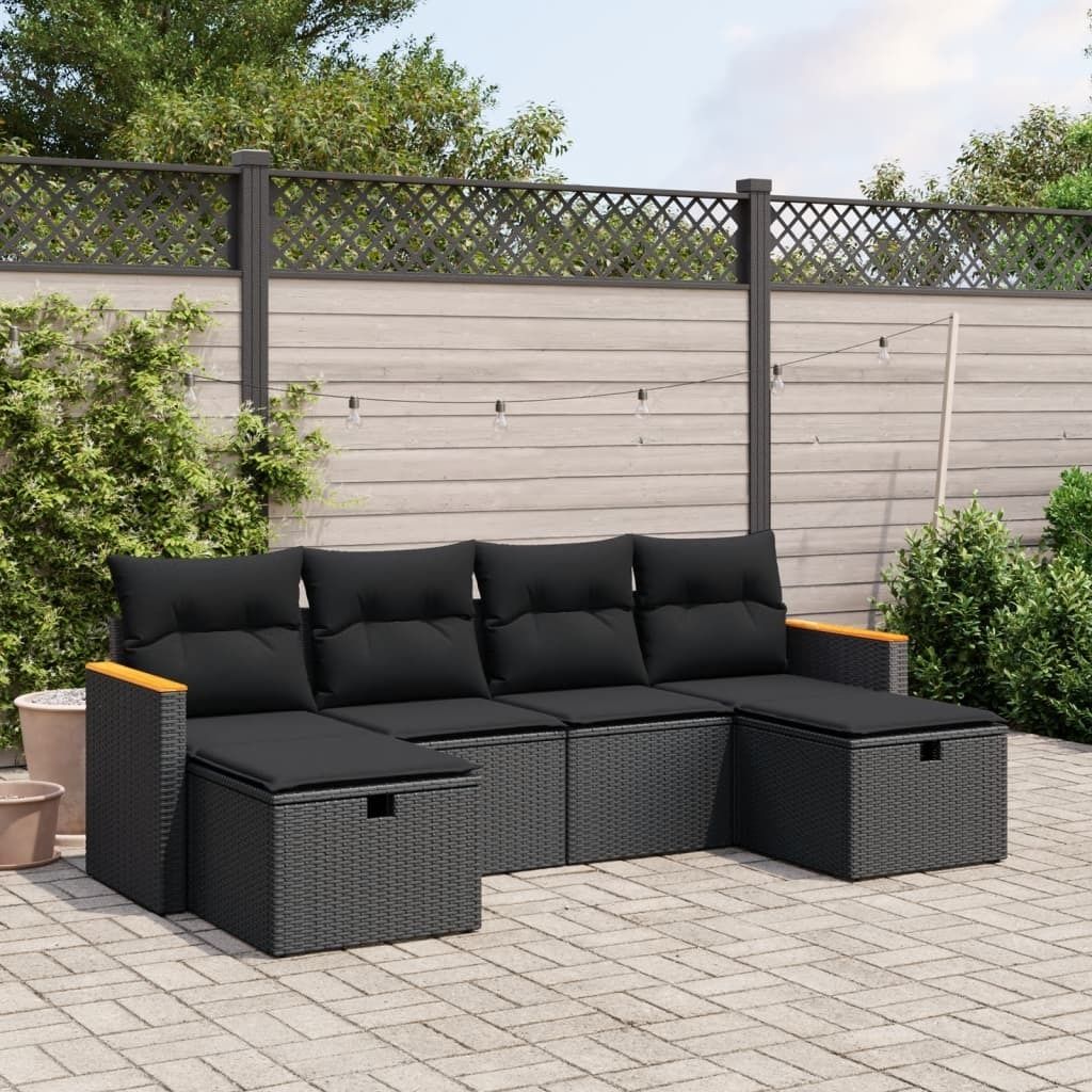 Möbel 6-tlg. Garten-Sofagarnitur mit Kissen Schwarz Poly Rattan - Gartenmöbelgarnituren 3265339