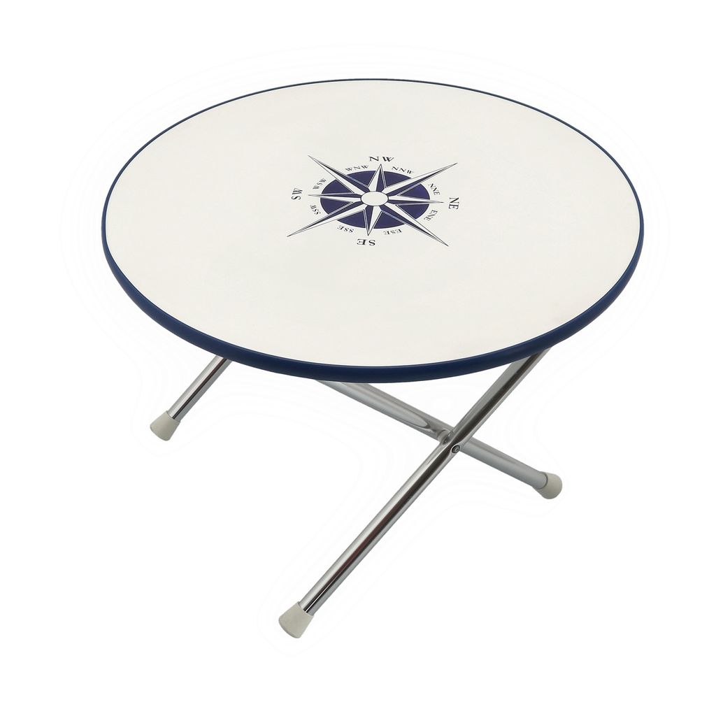 Runder Camping- & Outdoor-Klapptisch, Ø 60 cm, Motiv Windrose, witterungsbeständige Tischplatte: Holz & Melamin weiß, stabiles Gestell: Aluminium