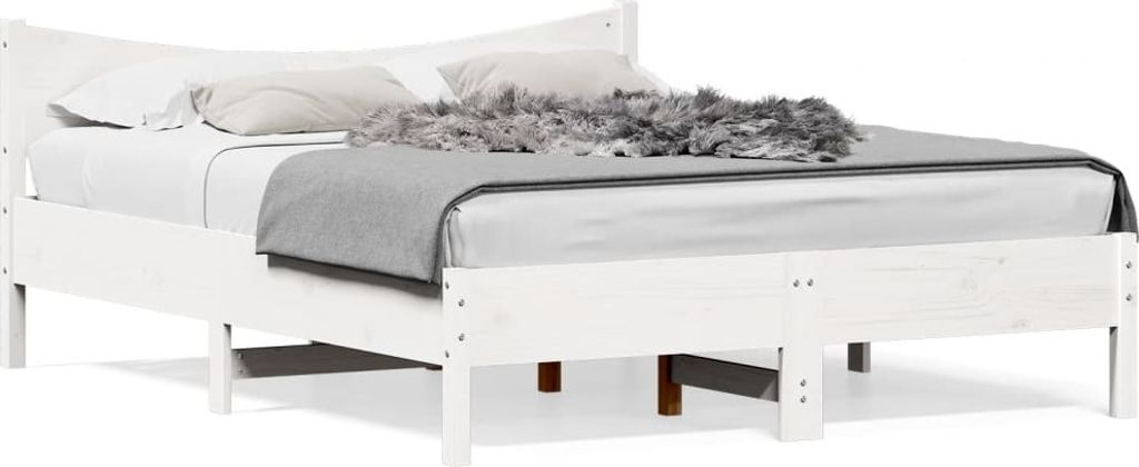 Design Massivholzbett mit Kopfteil Weiß 160x200 cm Kiefer, Klassische Betten 2024 Neu