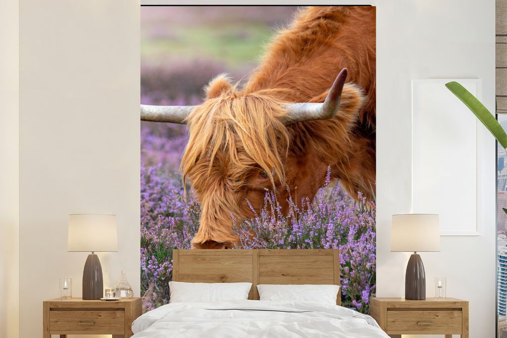 MuchoWow Fototapete für Wohnzimmer oder Schlafzimmer Wandtapete Vinyl Motivtapete Schottischer Highlander - Tiere - Heide - 180x280 cm - Wallpaper