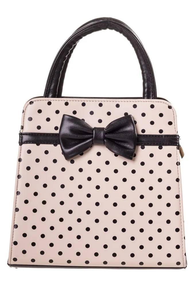 Sac à main crème à pois style rétro avec grand nœud et poignée