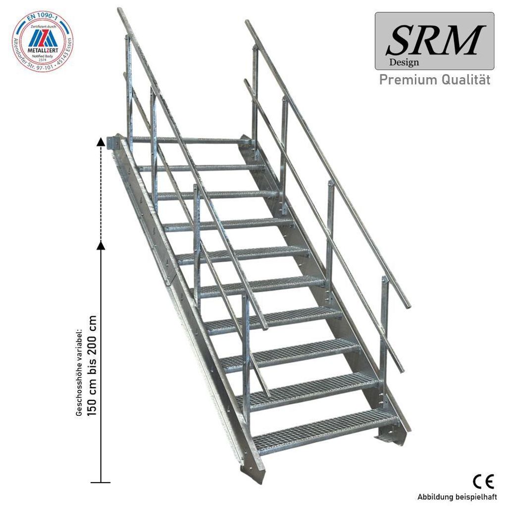 10 Stufen Stahltreppe beidseitig. Geländer Breite 130cm Produktbild 
