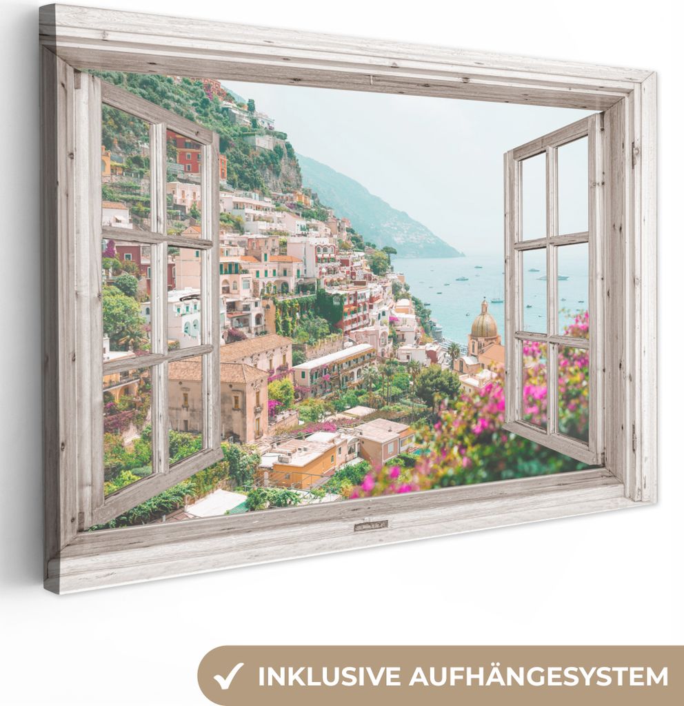 MuchoWow - Leinwandbilder - Ausblick - Italien - Blumen - Meer - Küste - Stadt - Berge, Wandbild, Wanddeko Bilder Wohnzimmer, 120x80 cm