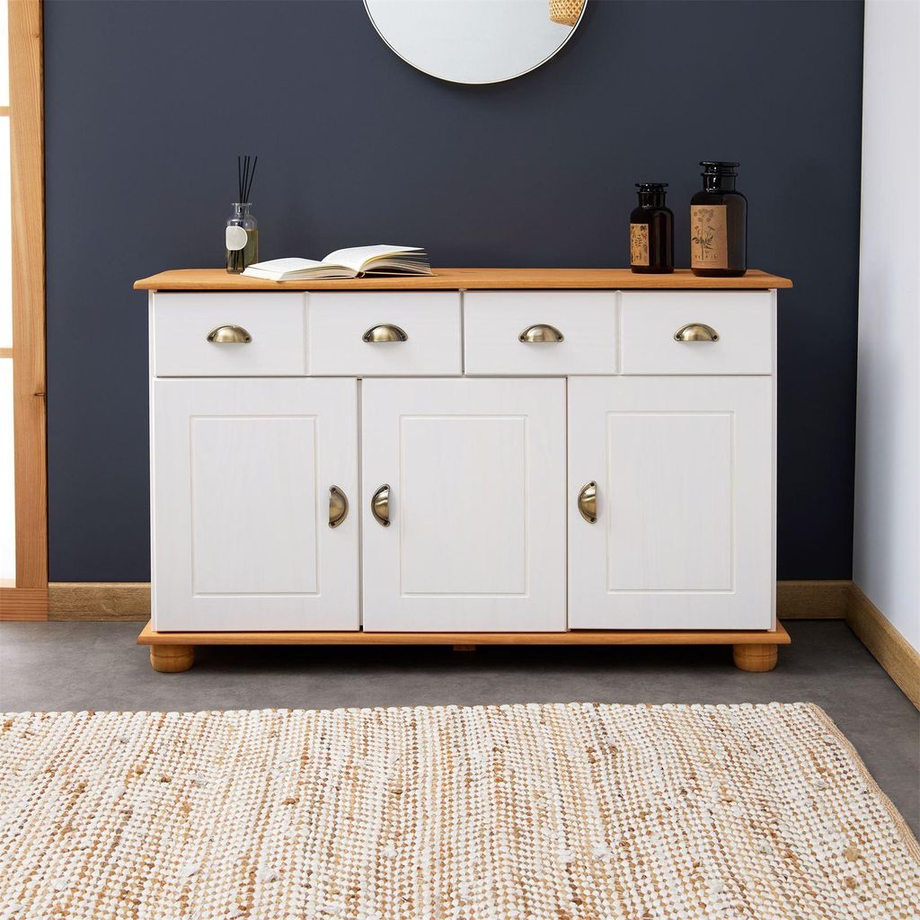 Sideboard COLMAR, Weiß/Braun - Landhaus Kommode mit 2 Schubladen und 3 Türen, Kiefer Massivholz, Muschelgriffe aus Metall, ideal für Flur oder W...