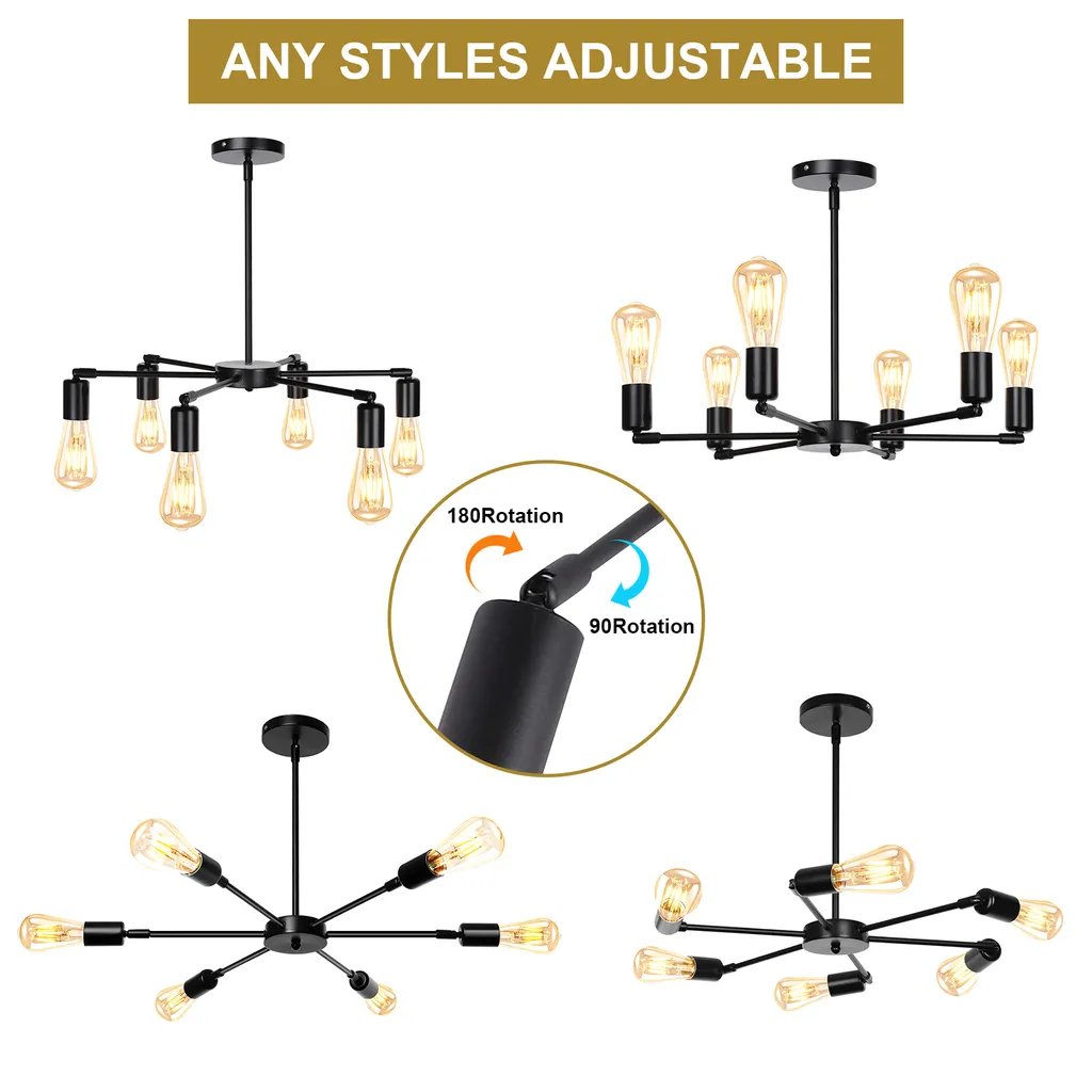 Lustre Noir Rétro 6 Lampes E27 : Solution Éclairage Puissant et Déco - 2
