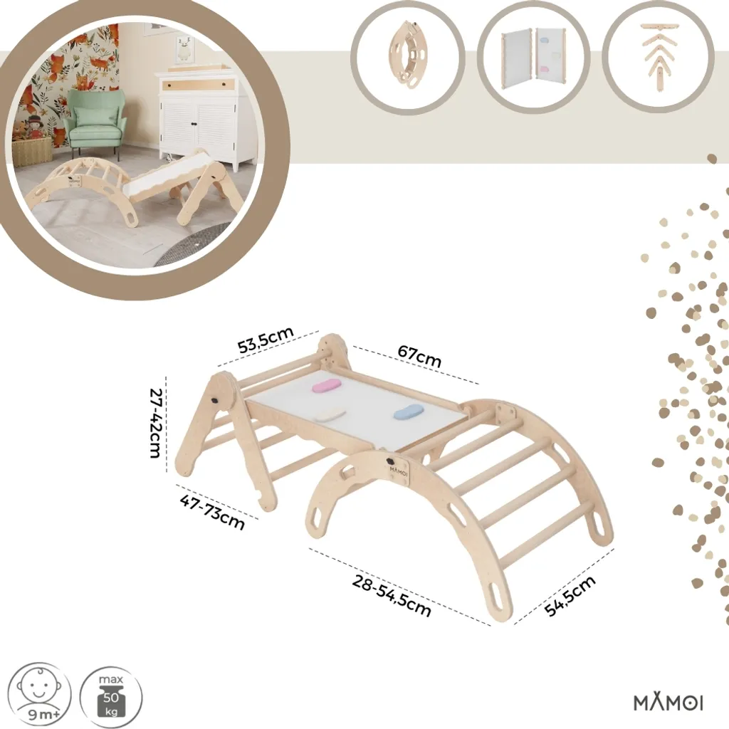 Triangle d'escalade modulable en bois et arc de bascule pour bébé - 2