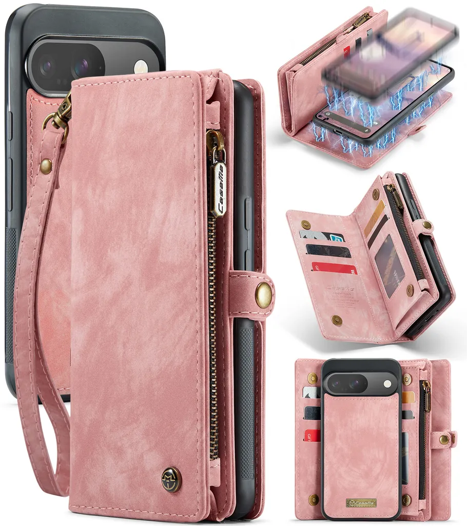 Custodia Google Pixel 9 / Pro in Pelle Vintage Rosa con Zip e Carte