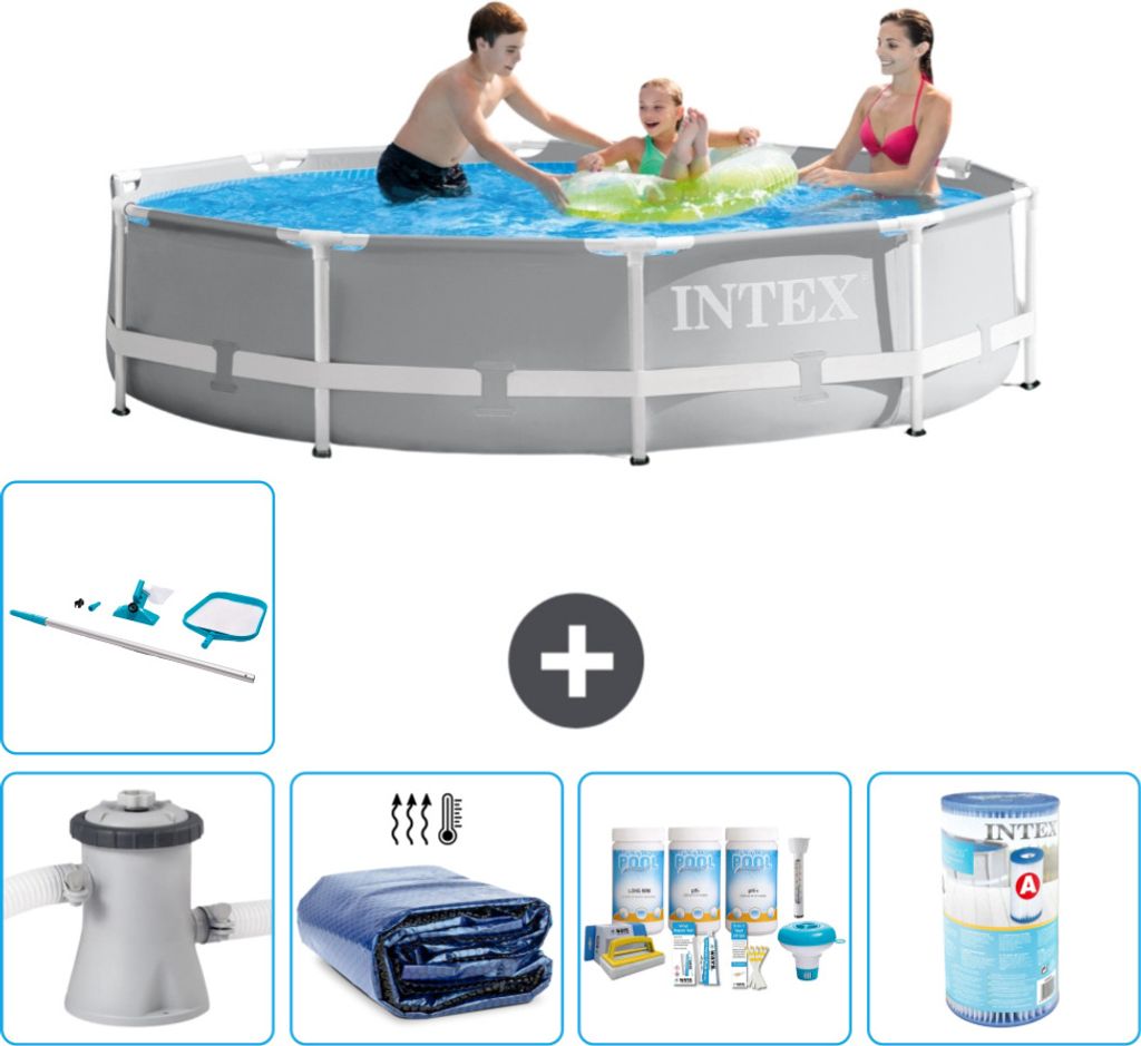 Intex Round Prism Frame Swimming Pool – 305 x 76 cm – Grau – inklusive Pumpe Sonnensegel - Wartungspaket - Filter - Reinigungskit