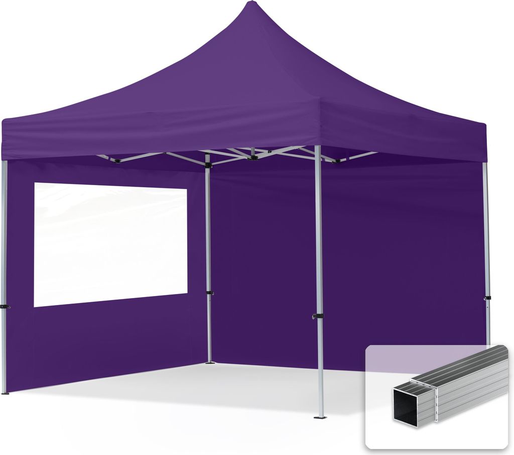 A purple pop-up tent with a window and a close-up of aluminum tubing.