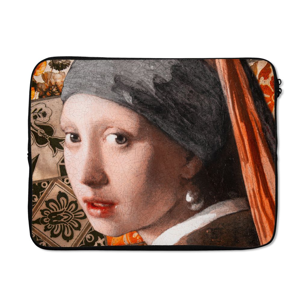 MuchoWow Laptop Hülle 15 Zoll Gemälde - Mädchen mit Perlenohrring - Orange - Schwarz Laptoptasche - Laptoptasche - Sleeve - Rundum-Schutz