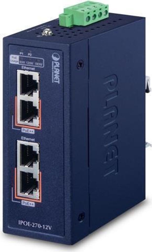 Wstrzykiwacz PoE++ Planet IP30 przemysłowy 2-portowy 2,5GbE/5GbE, IPOE-270-12V