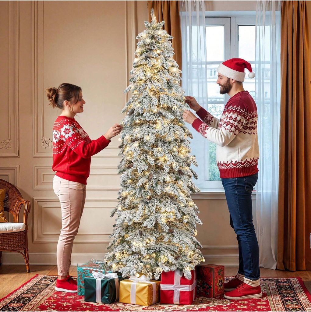 BALCONERA 229cm Künstlicher Weihnachtsbaum Schmal, Vorgeschmückt mit Schnee & 350 LED Beleuchtung & 51 Kiefernzapfen, ca. 818 Spitzen, Tannenbaum...