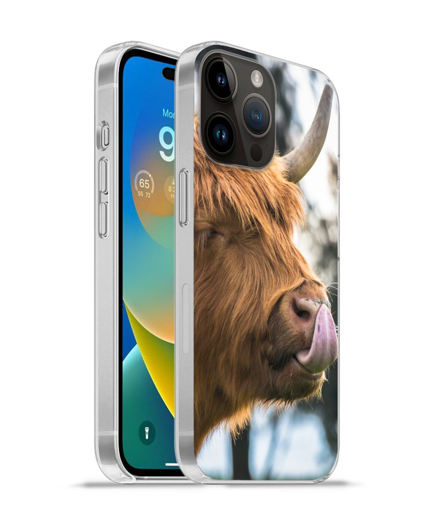 MuchoWow Handyhülle Schutzhülle Hülle für Apple iPhone 14 Pro - Softcase Schottischer Highlander - Nase - Baum Silikon Softcase Handy Hülle ...