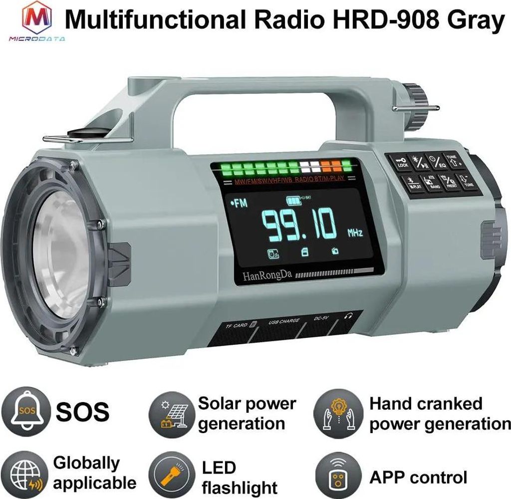 Tragbares Notfallradio - HRD-908 - FM 64–108 MHz - Bluetooth - MP3-Player - LED-Taschenlampe - Display - Superbass Mono - Grau