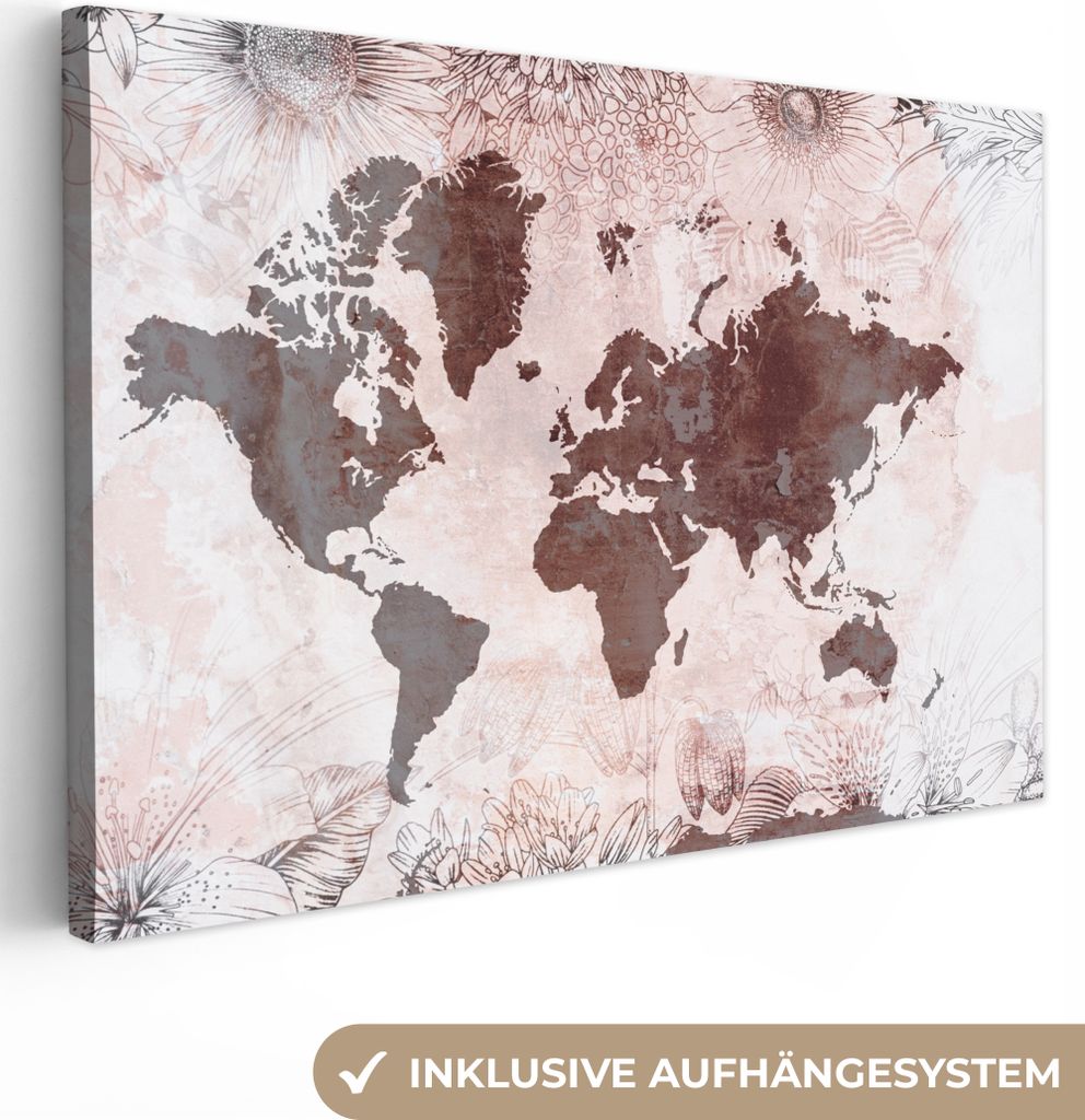 OneMillionCanvasses - Leinwandbilder - 150x100 cm, Weltkarte - Vintage - Rot, Wandbilder Kunstdruck Wanddekoration