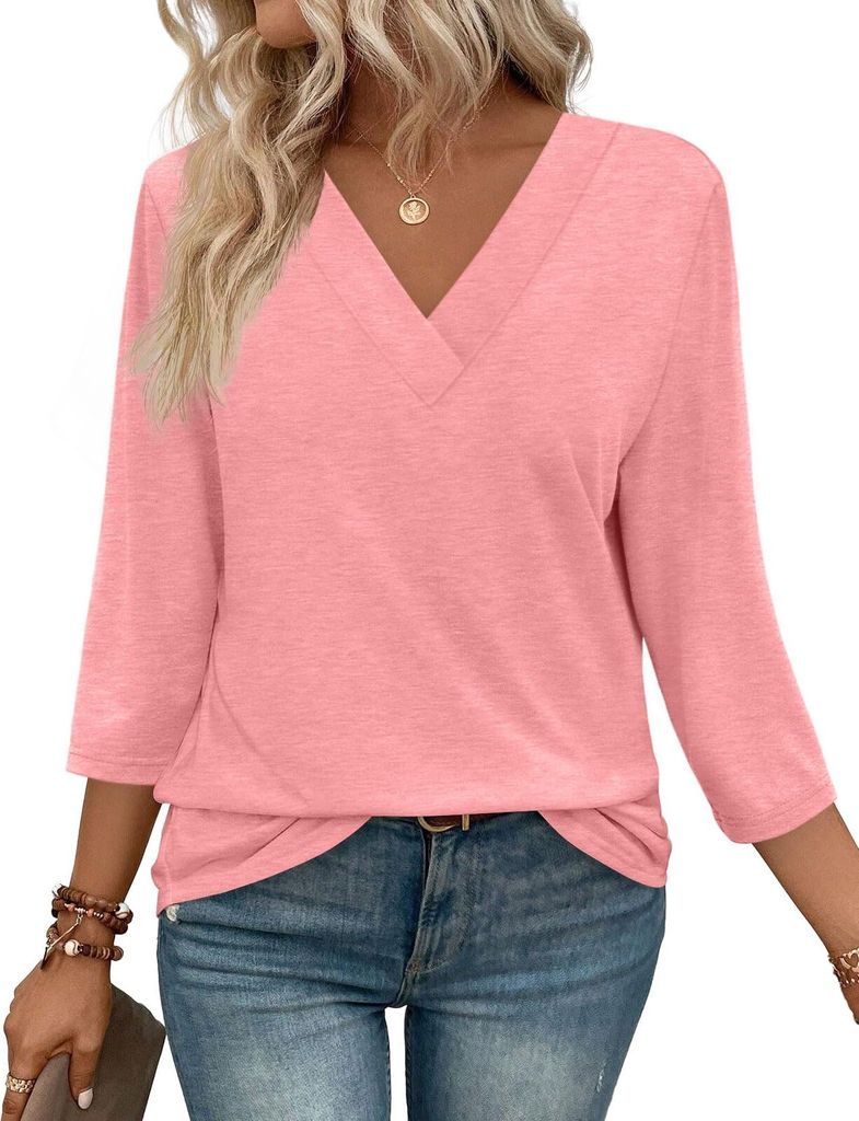 ASKSA Damen T-Shirt V-Ausschnitt 3/4 aermel Basic Tops Sommer Bluse Elegant Einfarbig Laessig Arbeits Oberteile (Rosa,S)