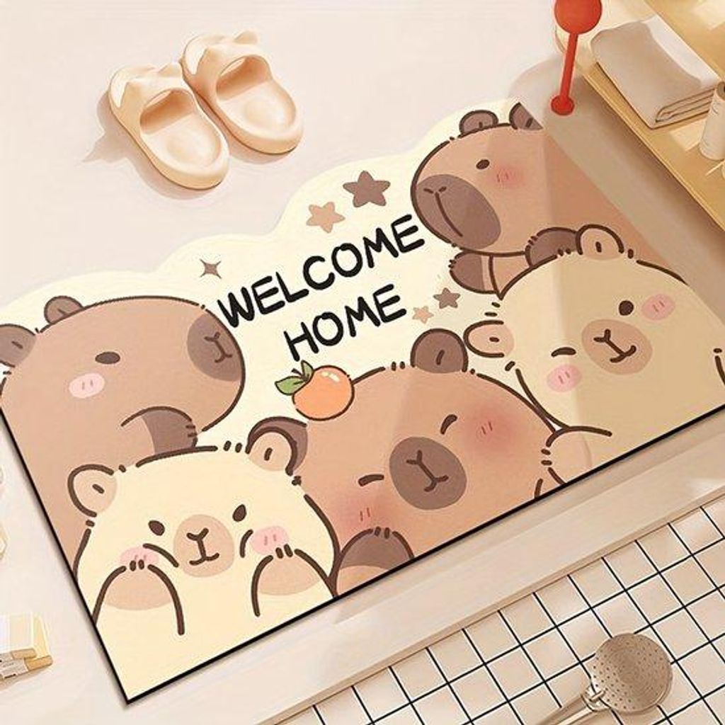 Schattige Badmat mit Capibara-Design - Superabsorbierendes Diatomee-Erdprodukt, schnell trocknend und weich - Leichtes Cartoon-Design mit Erdbeere ...