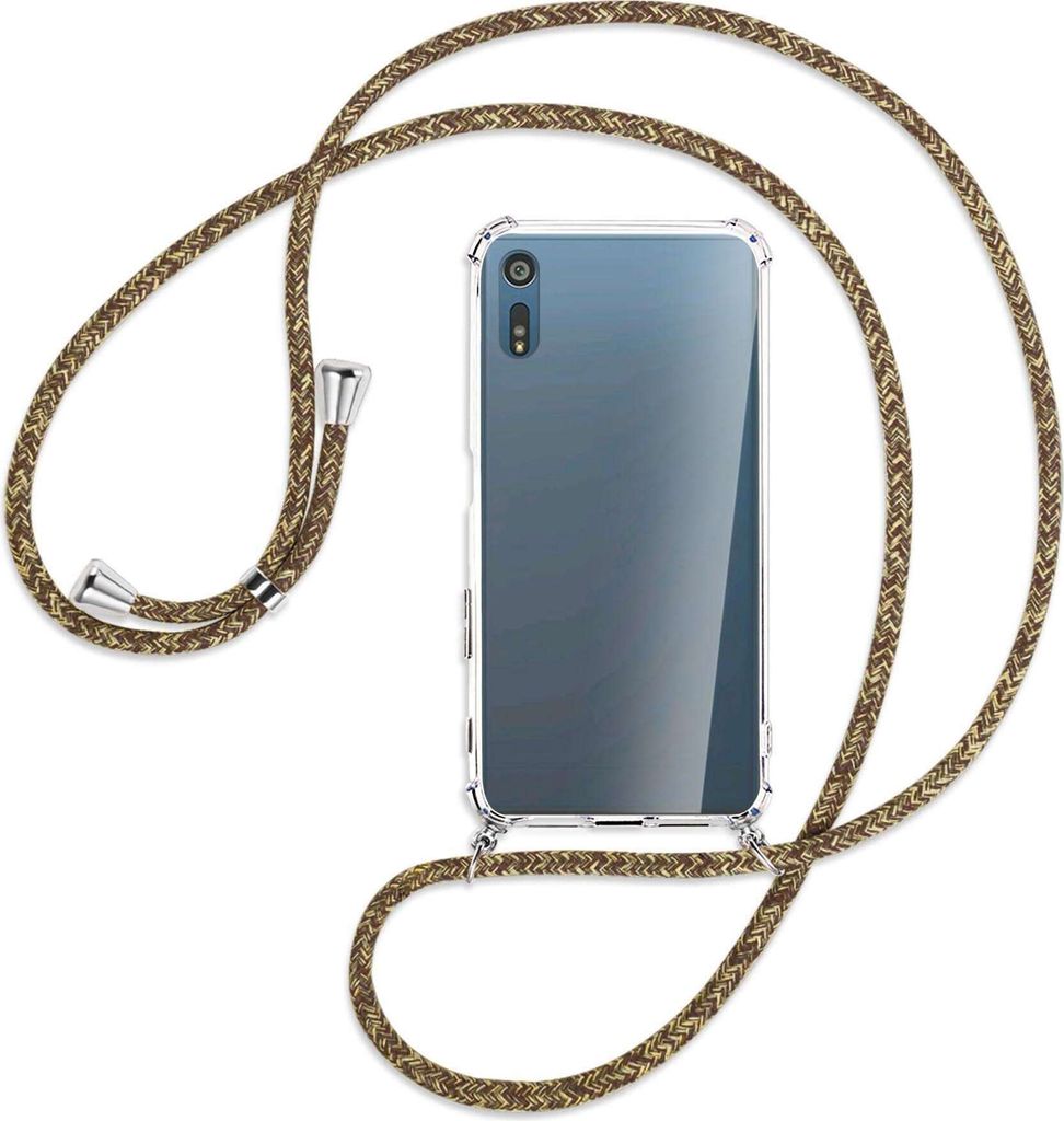 Handykette Backcover-Schutzhülle mit Band (Metall silberfarben) für Sony Xperia XZ, XZs - braun+beige