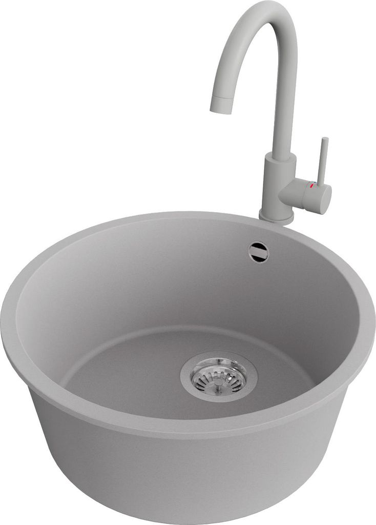 PRIMAGRAN Granitspüle Grau 46x46cm, Spülbecken Rund 1 Becken + Küchenarmatur 32x20cm + Ablauf-Set, Küchenspüle ab 50er Unterschrank - Valletta...