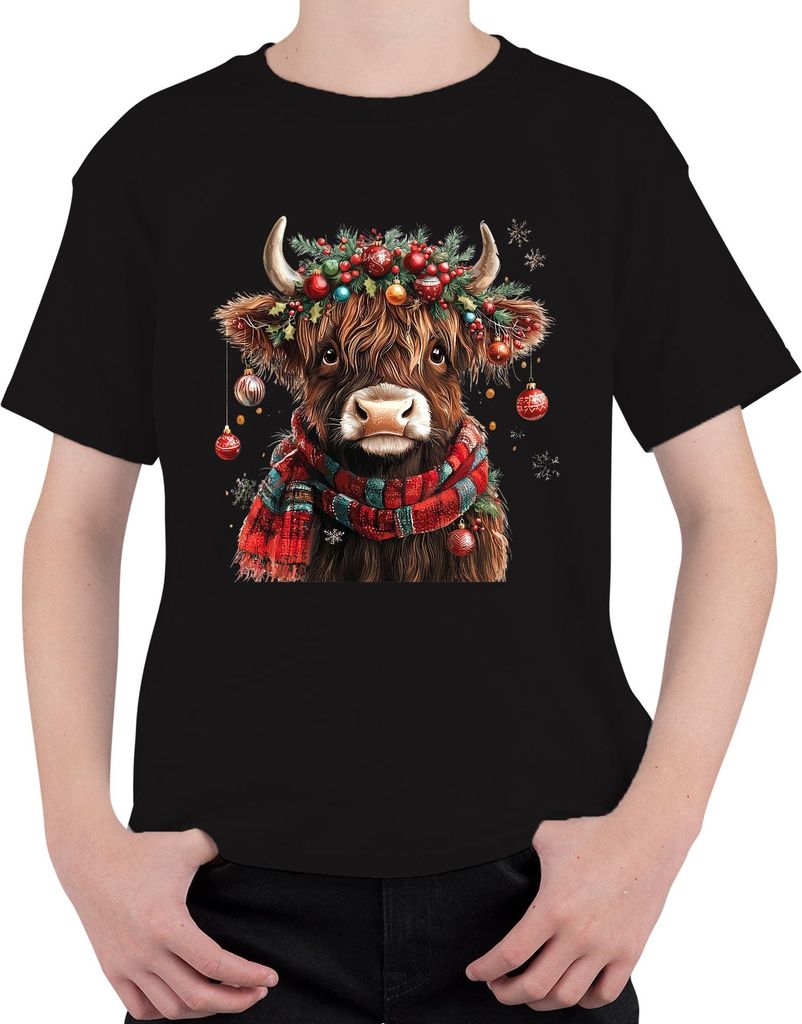 Schottische Hochlandkuh Weihnachten festlich Bauernhof Geschenk Uni Kinder T-Shirt, Schwarz, 152