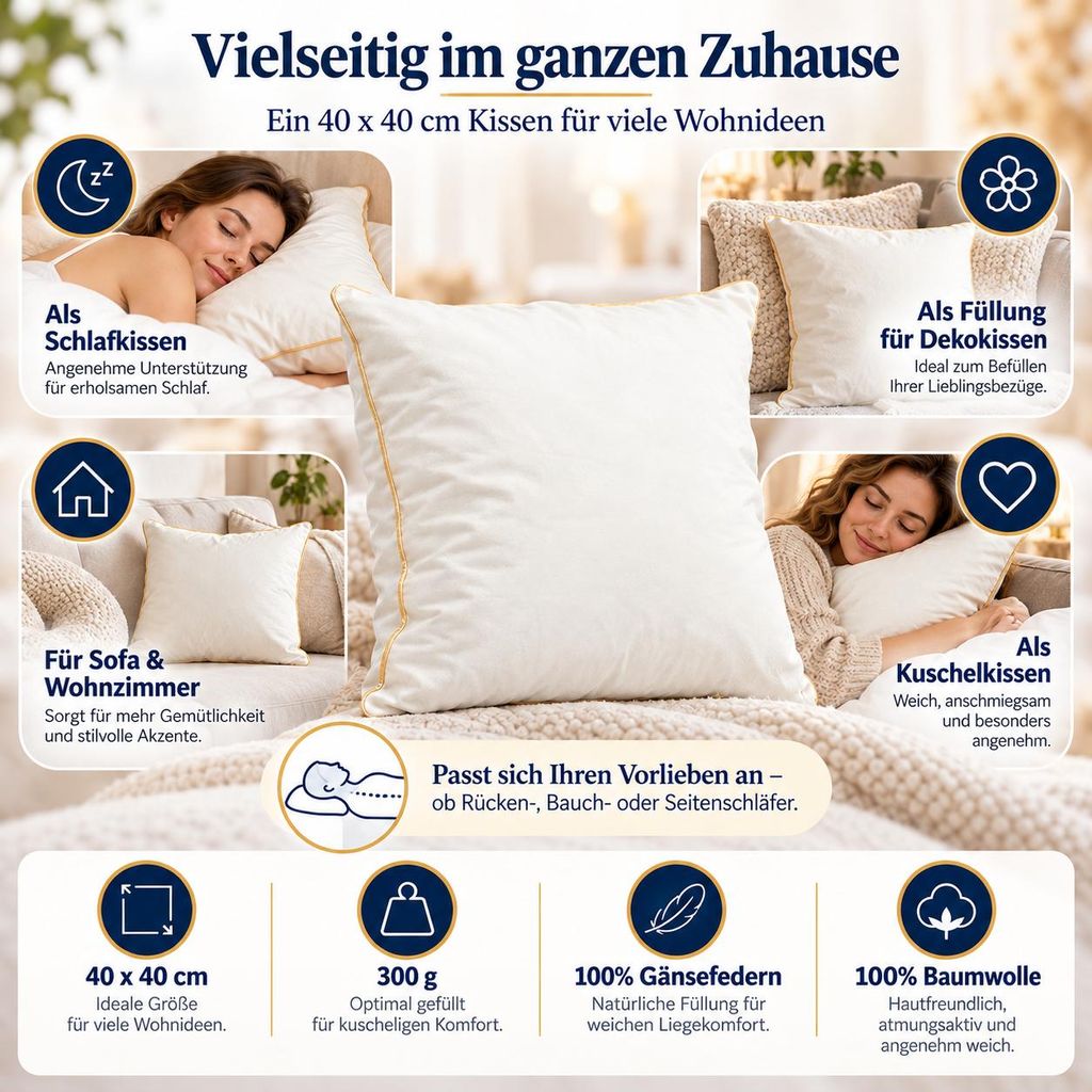 2er Set Federkissen 40x40 cm 300 g 100% Gänsefedern