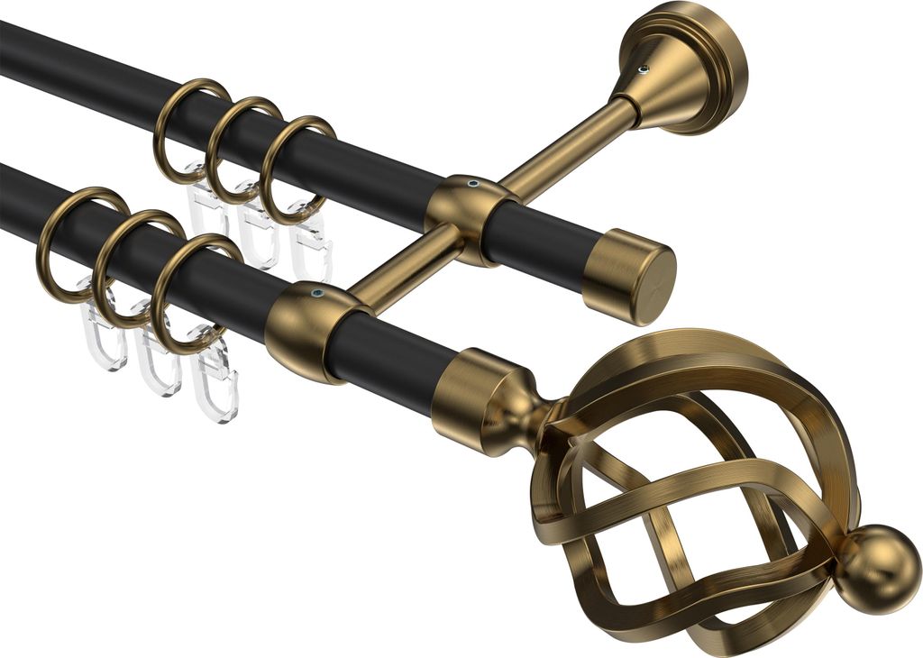Interdeco Gardinenstange / Vorhangstange Schwarz / Messing Antik, Typ Primus Paolo (Schmiedekugel), 16 mm Ø 2-läufig, 180 cm