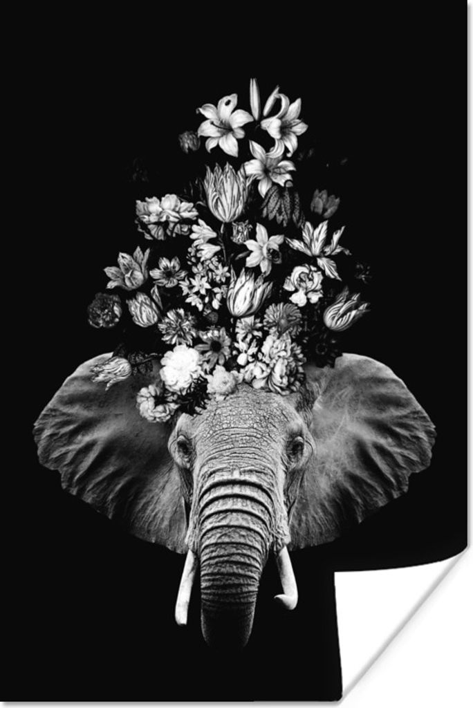MuchoWow Poster Elefant mit Blumen vor schwarzem Hintergrund - schwarz und weiß 40x60 cm - Plakate für die Wand - Poster Babyzimmer