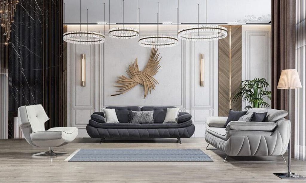 Wohnzimmer Set Weiß 2x Sofas mit Sessel Modern Design Textil JVmoebel