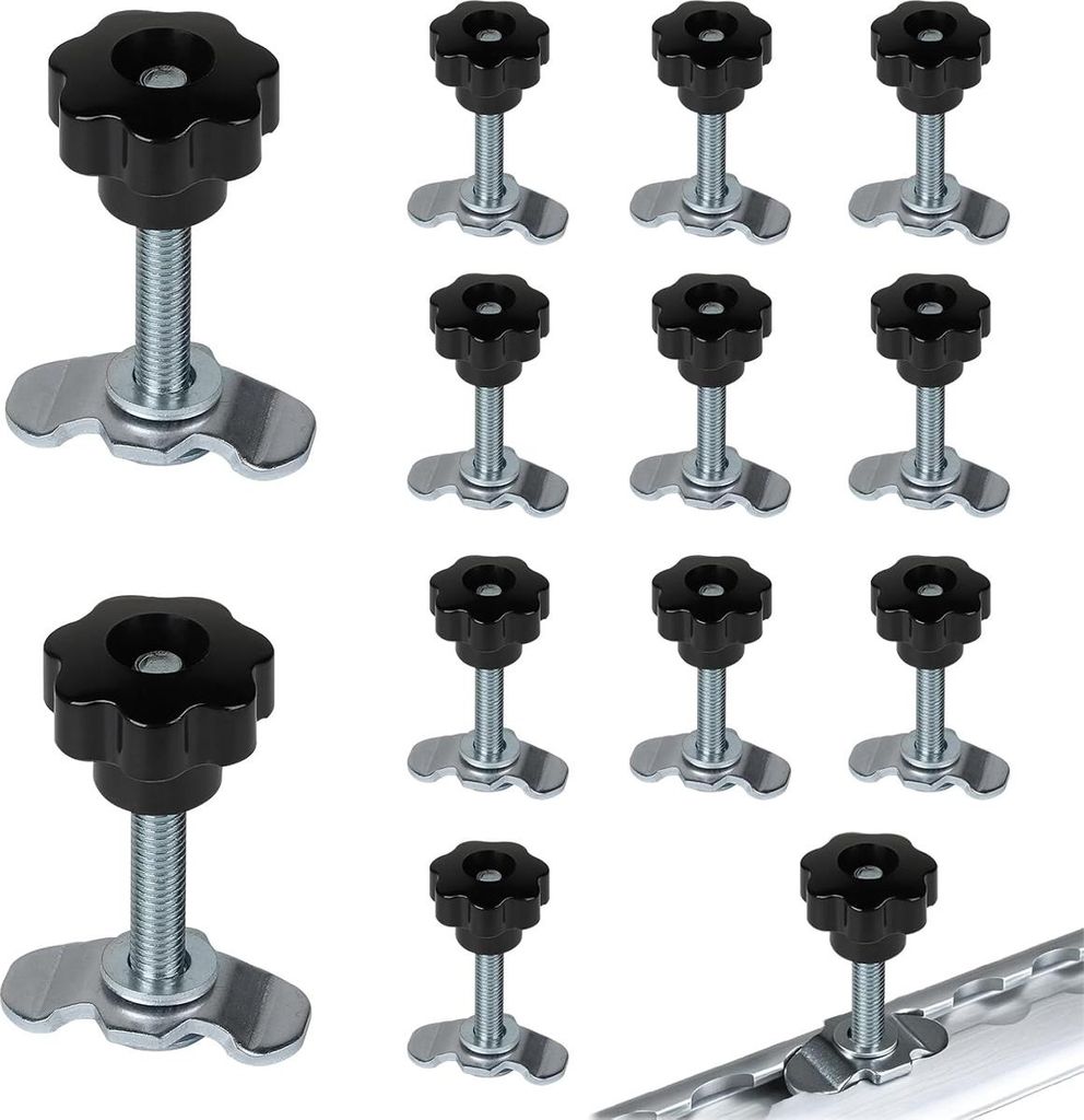 Schraubfitting 12er Set M8x60mm, verzinkt & schwarz Sterngriff, Airline Verschraubung Zubehör, Endbeschlag für 500daN Zurrschienen