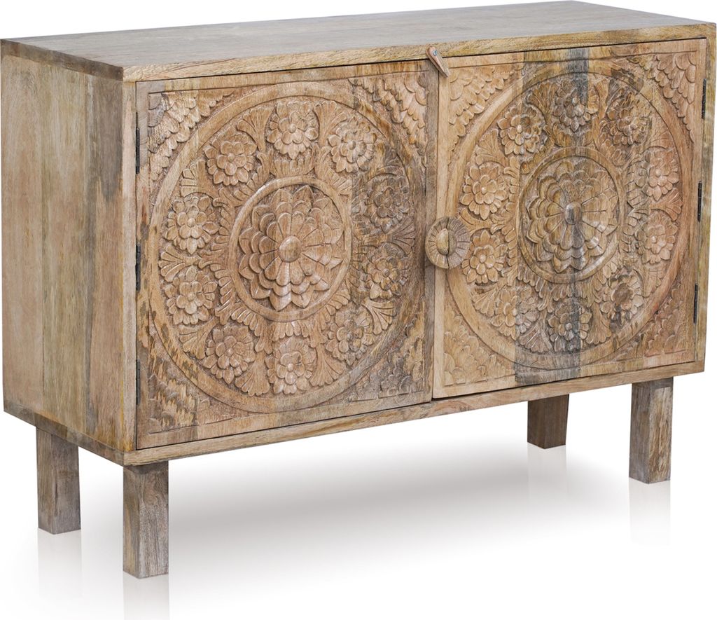 Marrakesch Vintage Kommode mit Türen aus Holz 104cm | Skandinavische Deko kleines Sideboard Komode Nakim handgeschnitzt für stilvolle Aufbewahrun...
