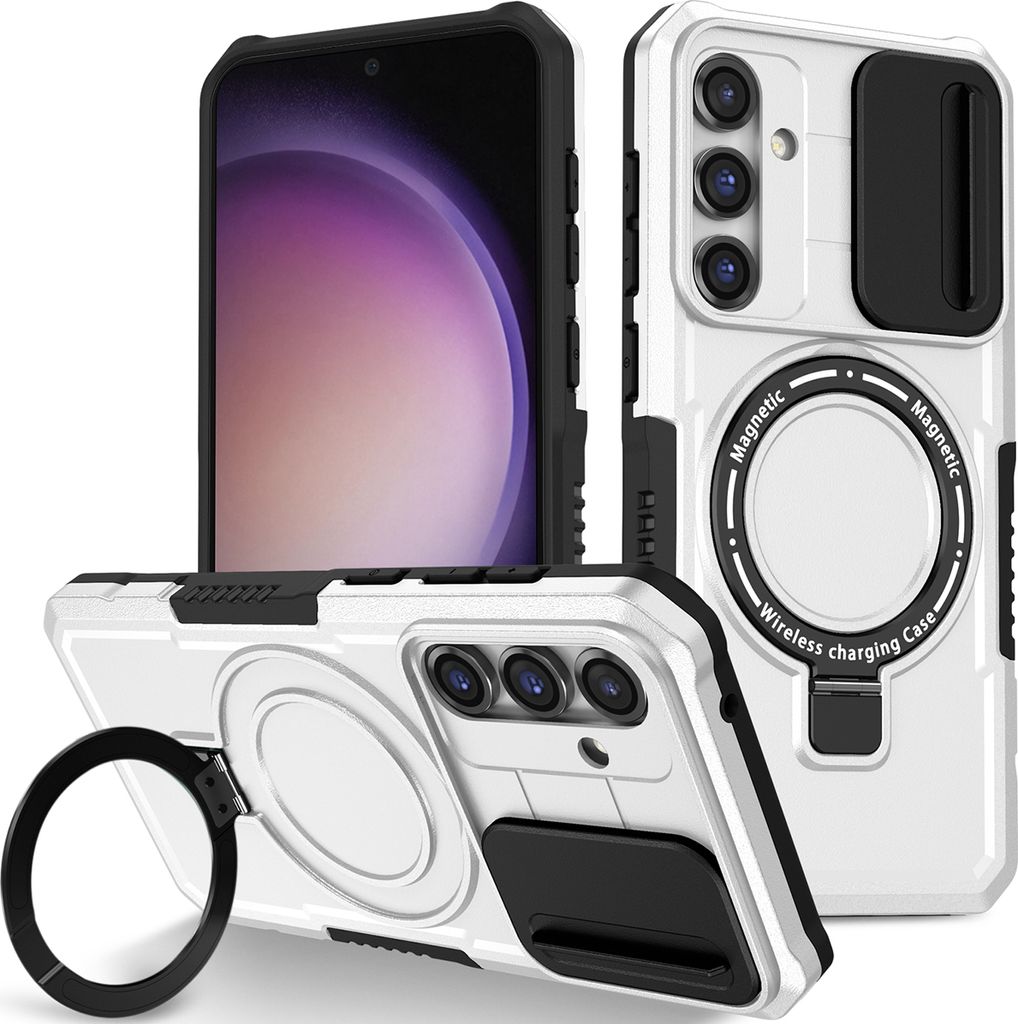 Handyhülle für Samsung Galaxy S23 FE Kompatibel mit MagSafe, Robuste Hülle mit Schiebe Kamera Schutz, Magnetischer Ringständer Weiß