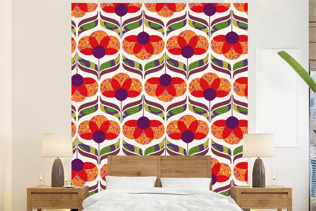 MuchoWow Fototapete für Wohnzimmer oder Schlafzimmer Wandtapete Vinyl Motivtapete Retro - Flower Power - Vintage - Farben - 225x280 cm - Wohnzim...