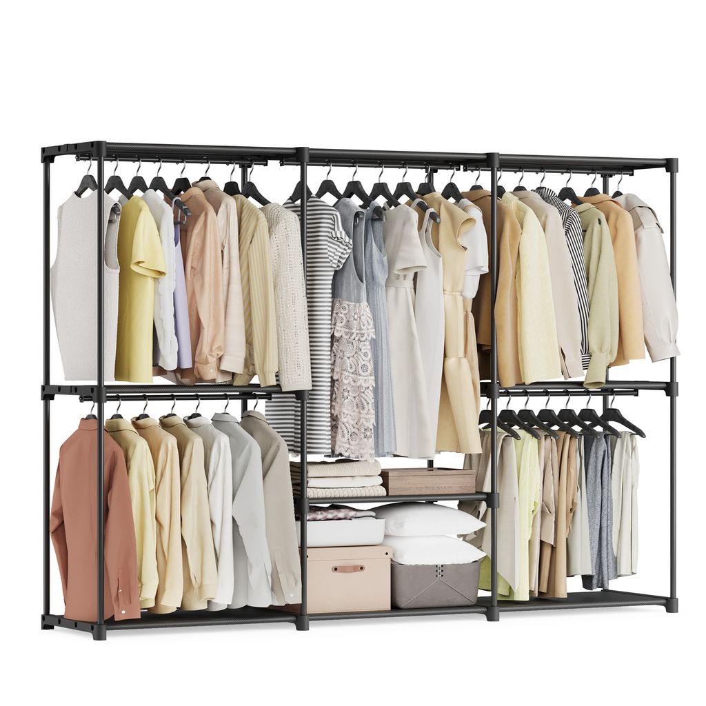 A freestanding clothing rack with multiple shelves and hanging rods, filled with various garments.